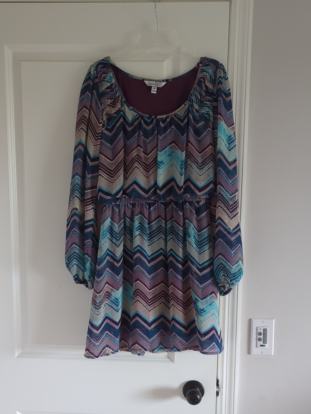 3 For $30. Chevron Print Long Sleeve Dress in Teal & Purple